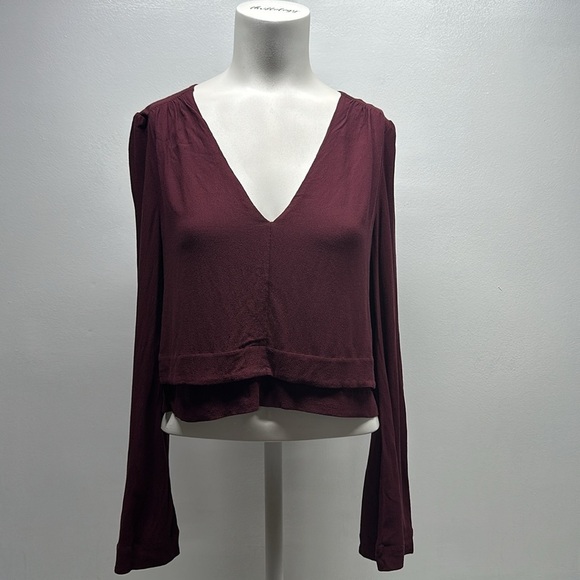 Free People Tops - Free People Crop Top Cropped Long Sleeve Blouse V Neck Crepe Boho Maroon Size XS